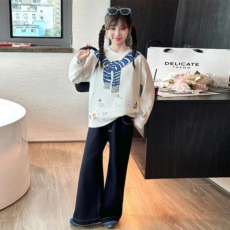 小学生衣服女童秋款套装6-12岁潮款高级感儿童长袖T恤牛仔裤洋气