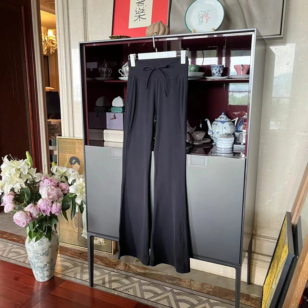 MYL 2024夏季新品黑色尼龙混纺休闲裤微喇瑜伽裤中腰显瘦百搭裤