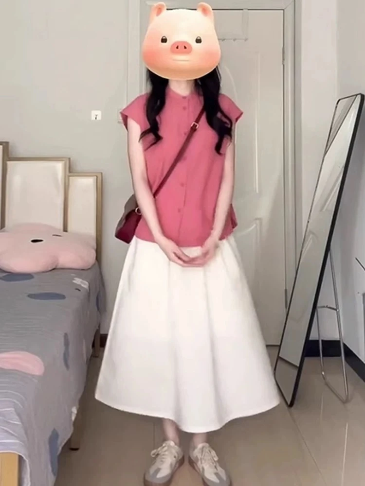 粉色短袖衬衫半身裙套装女夏季2024法式上衣设计感衬衣1830