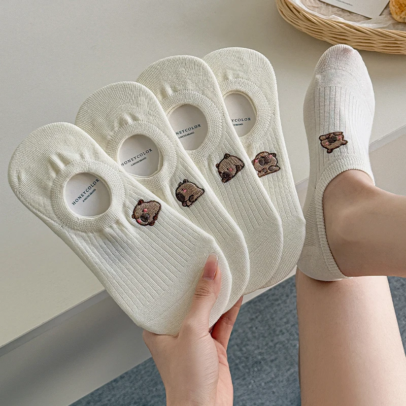 无骨缝头白色卡皮巴拉刺绣船袜女低帮浅口防滑春夏款ins潮隐形袜