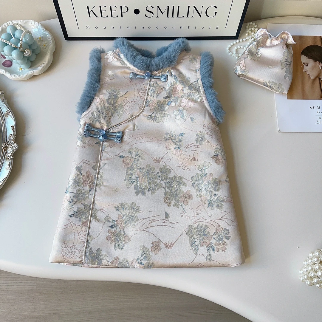 女童旗袍连衣裙冬季新款汉服女宝宝新年国风背心裙送包包AWA819