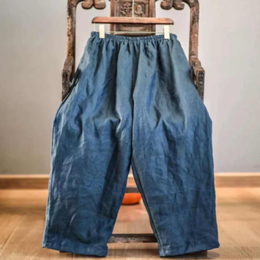 风止/原创春秋女裤高端色织亚麻宽松休闲文艺阔腿萝卜裤