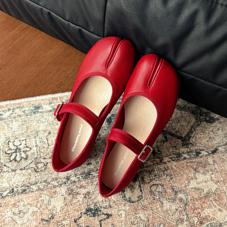 软牛皮~1.5cm春秋新款浅口真皮女鞋法式单鞋分趾红色芭蕾舞平底鞋