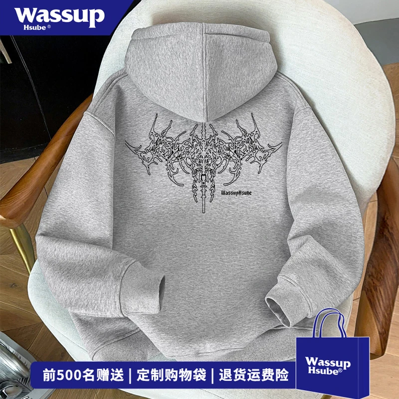 WASSUP HSUBE个性图案印花连帽开衫卫衣男女秋冬时尚宽松情侣外套