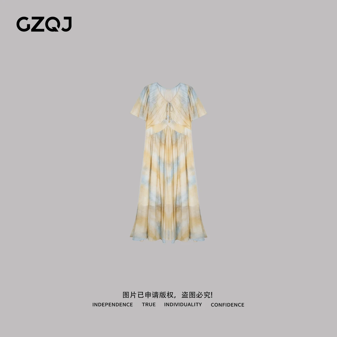 广州琴姐【云染轻舞】欧若风松紧腰扎染V领短袖连衣裙子女春夏9039