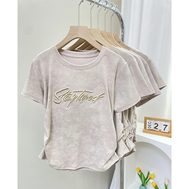 特大码200斤个性潮牌显瘦正肩短袖t恤女夏季扎染掐腰修身休闲上衣