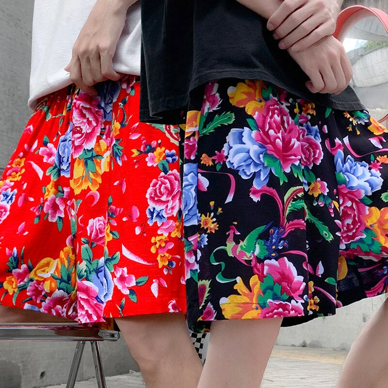 短裤男潮牌宽松休闲五分裤夏季薄款中国风东北大花网红沙滩大裤衩