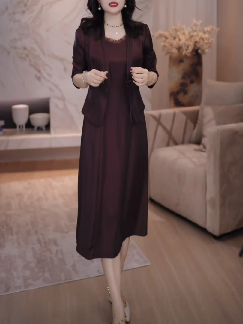 【外套+连衣裙】2025早秋百搭时尚气质女人味中长款两件套裙洋气