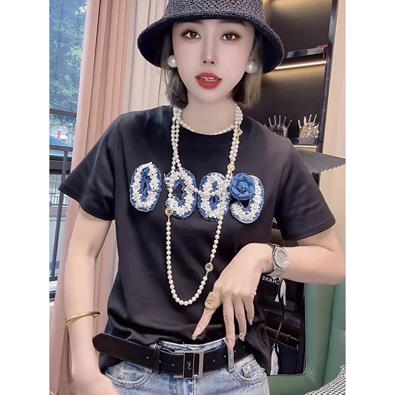 网红欧货2025春季新款重工山茶花短袖T恤女百搭洋气圆领T恤上衣潮