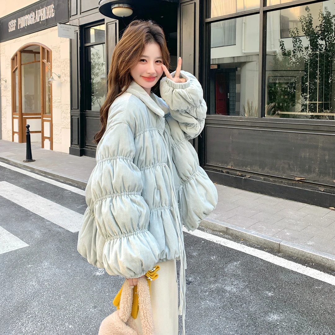 浅蓝色花苞袖蝴蝶结系带90羽绒服女冬季新款设计感爆火甜美风外套