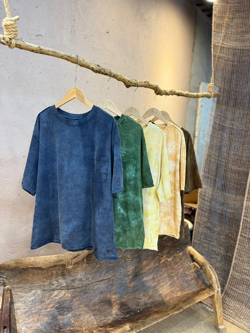 2025半隐微尘夏季纯棉扎染宽松百搭t恤复古做旧圆领套头短袖女