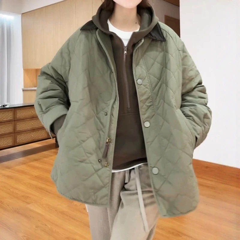 宽松菱格翻领棉服2025秋冬高级感学院风显瘦夹棉轻薄款小个子棉衣