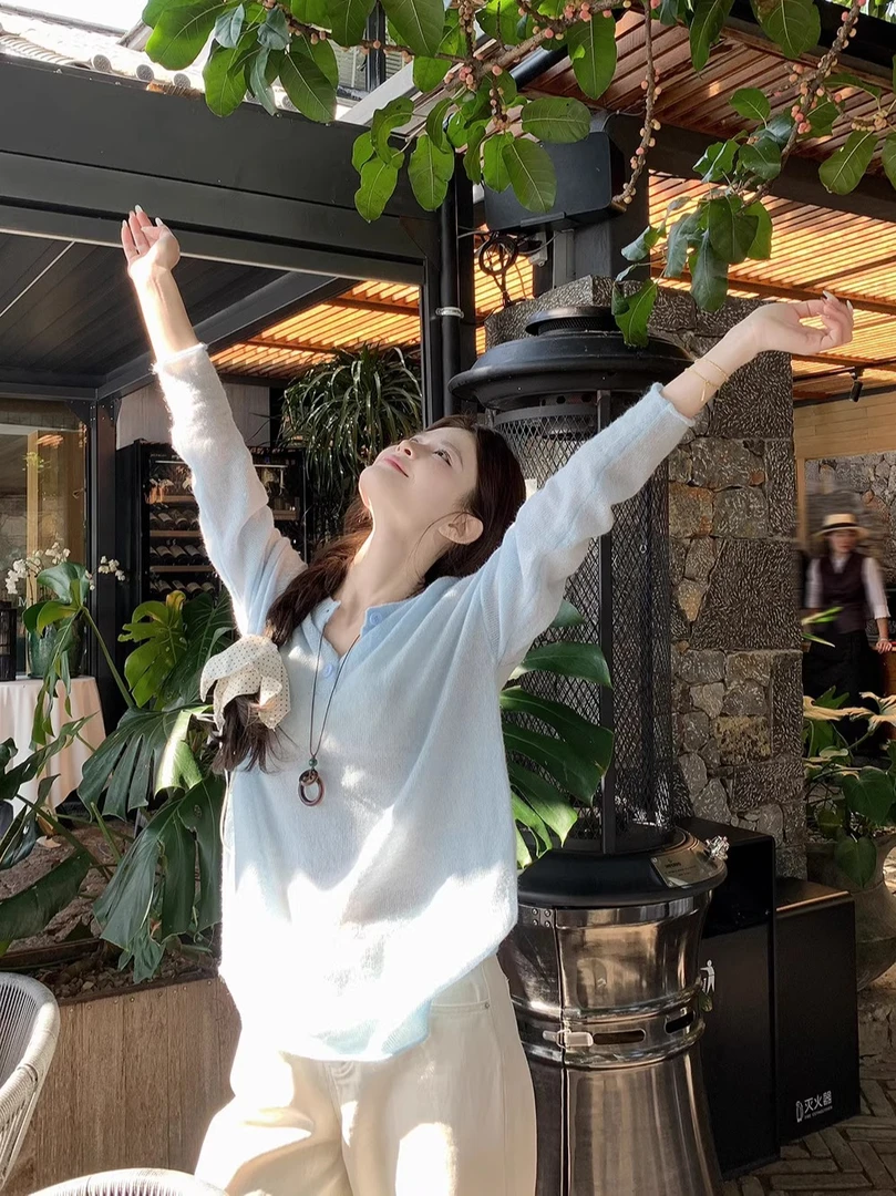 慵懒风纯色半开领长袖针织衫女士2024春夏季减龄chic软糯宽松上衣