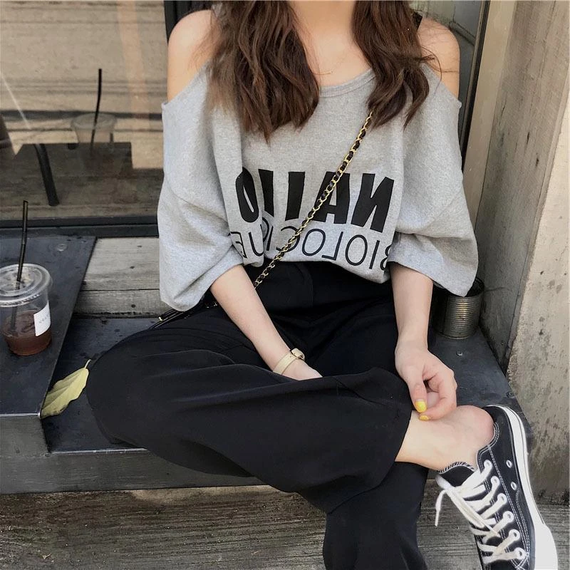 灰色棉短袖T恤女夏季美式复古小众设计高级感甜辣露肩上衣7384