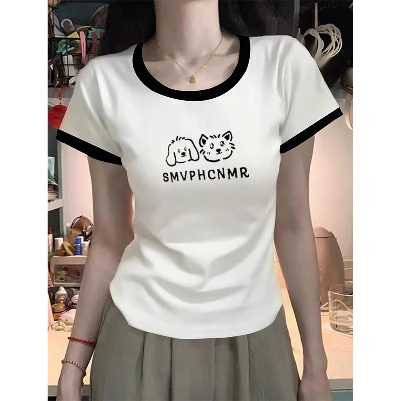 夏季正肩圆领修身显瘦短袖t恤2025新款小众百搭卡通印花女装上衣