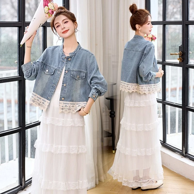 2025春季新款韩版宽松短款蕾丝花边拼接牛仔外套女时尚气质百搭