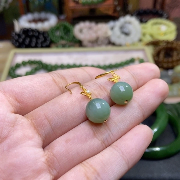 和田玉未镶嵌颈饰碧玉老矿料金镶猫眼耳坠10mm