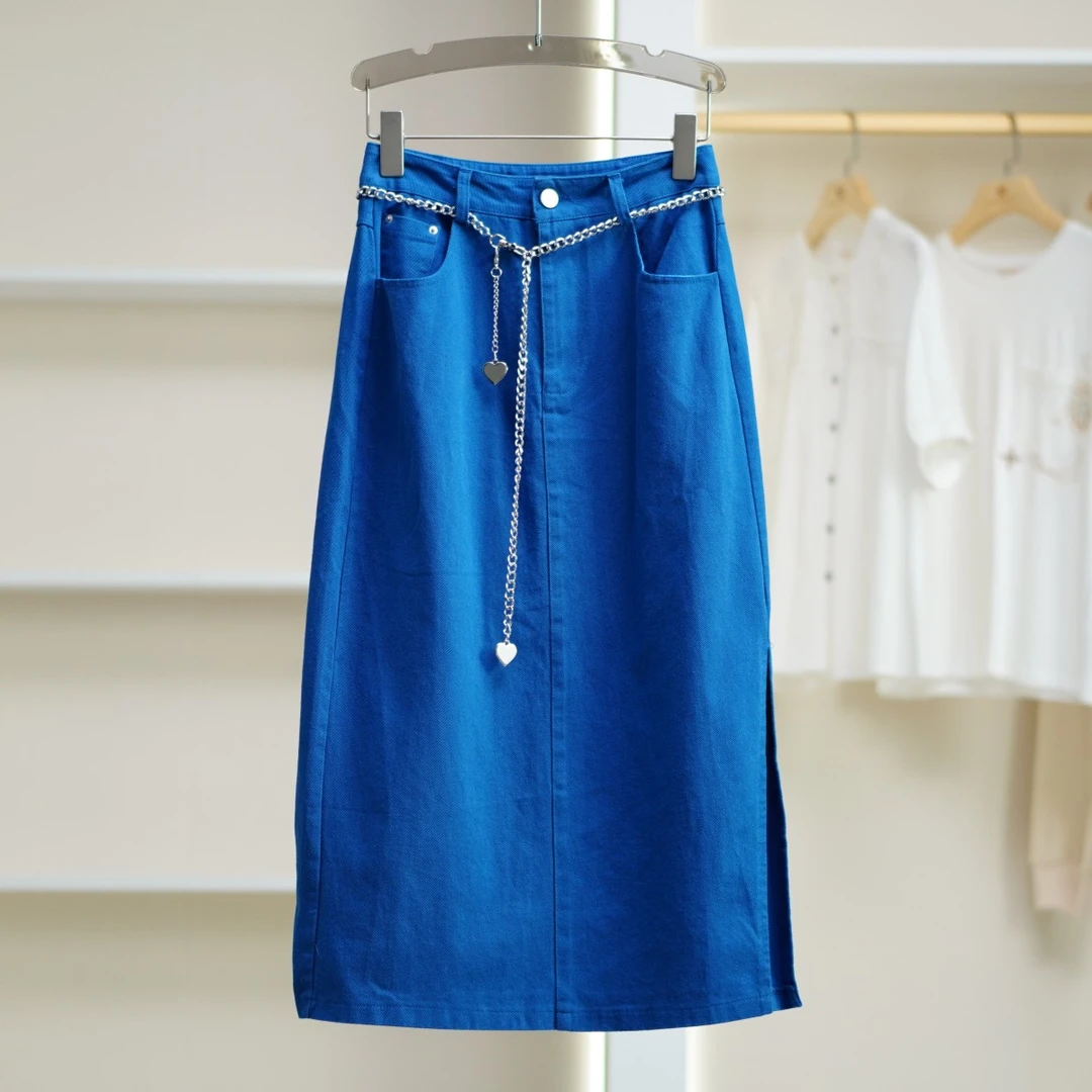 【诗M】Z959-5 女装春简约链条装饰牛仔半身裙蓝色 莉推荐