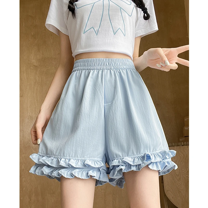 蓝色美式木耳边短裤女夏季薄款凉凉高腰显瘦休闲宽松a字阔腿短裤