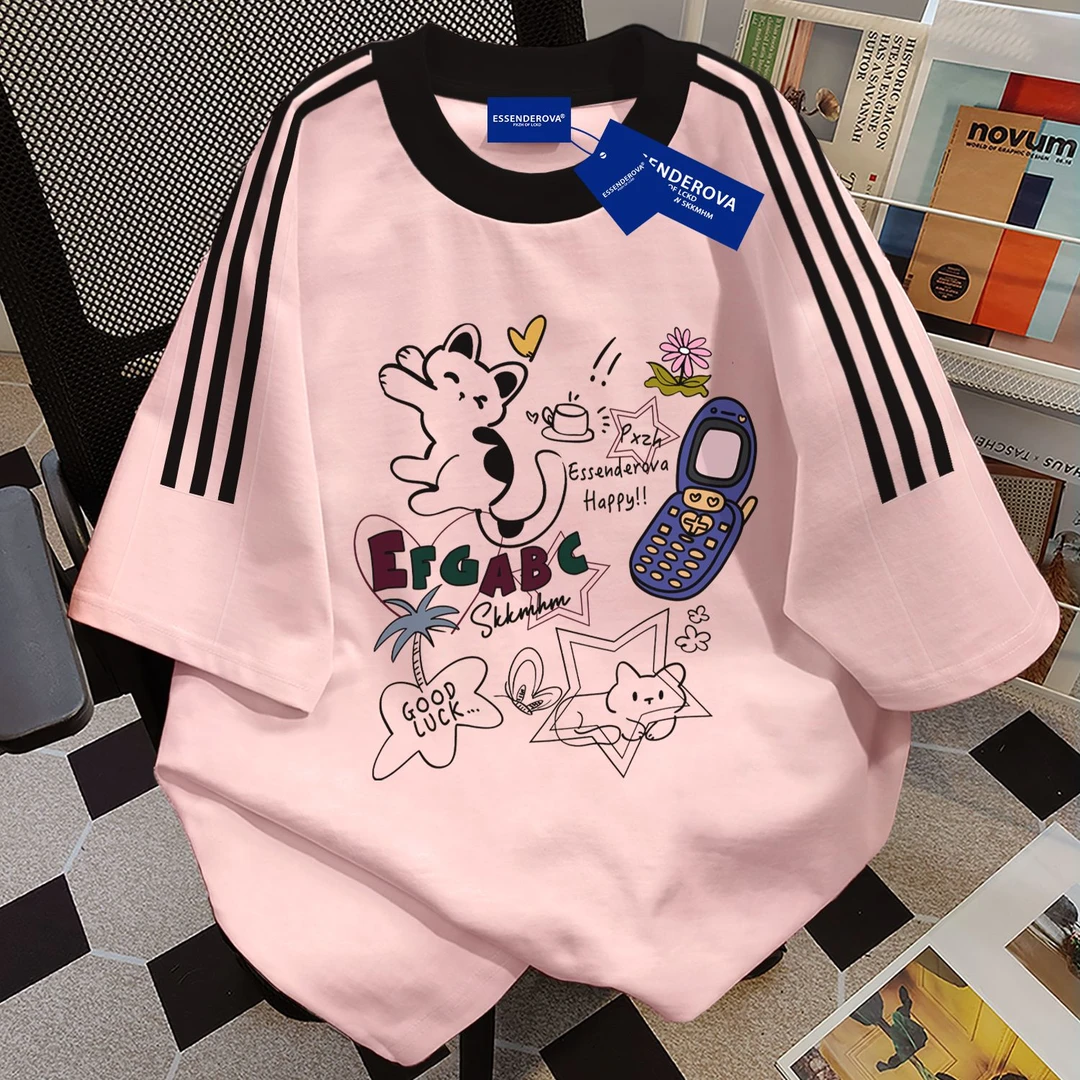 100%纯棉甜美清新卡通三条杠圆领短袖t恤男女夏季宽松情侣上衣ins