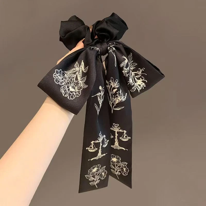 许我耀眼赵露S许妍同款黑色新中式印花蝴蝶结发饰飘带发圈b