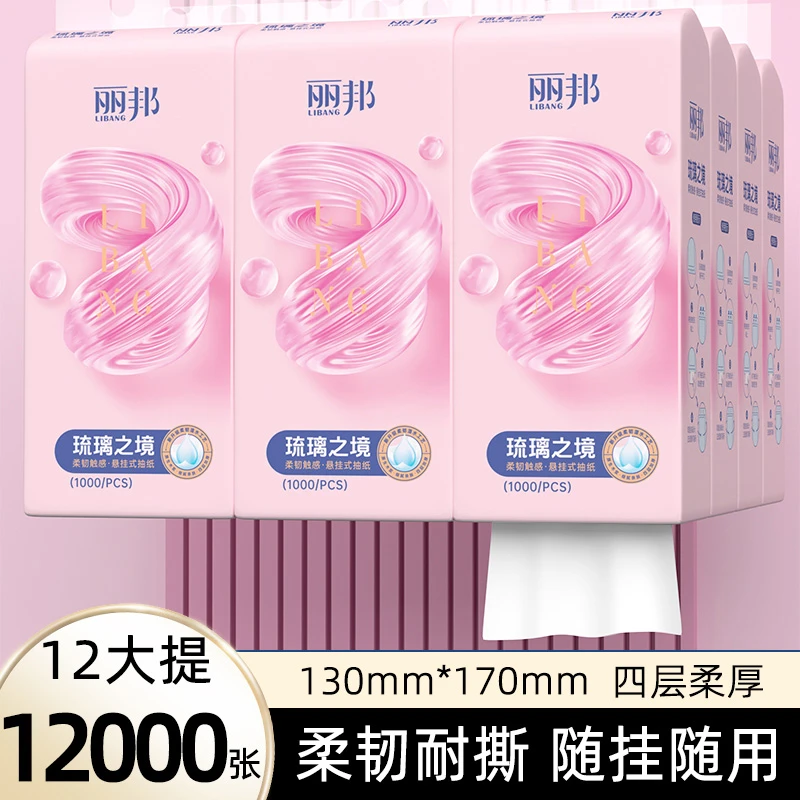 【12提专享】丽邦琉璃之境4层柔厚抽纸悬挂式纸巾1000张12提家用TLX