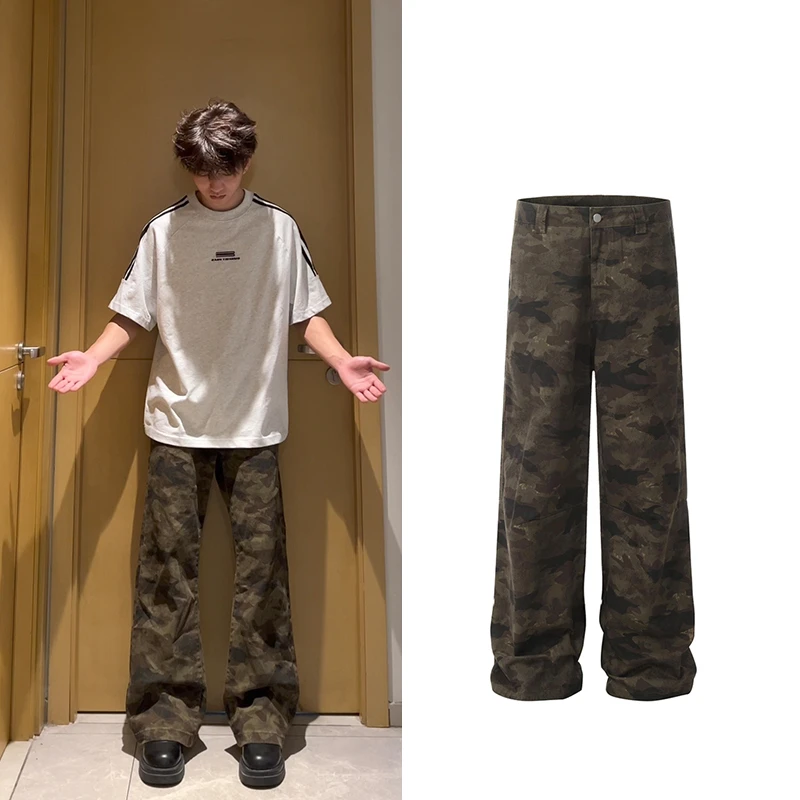 MOPAI复古军绿迷彩工装裤百搭简约直筒裤宽松显瘦廓形牛仔长裤男