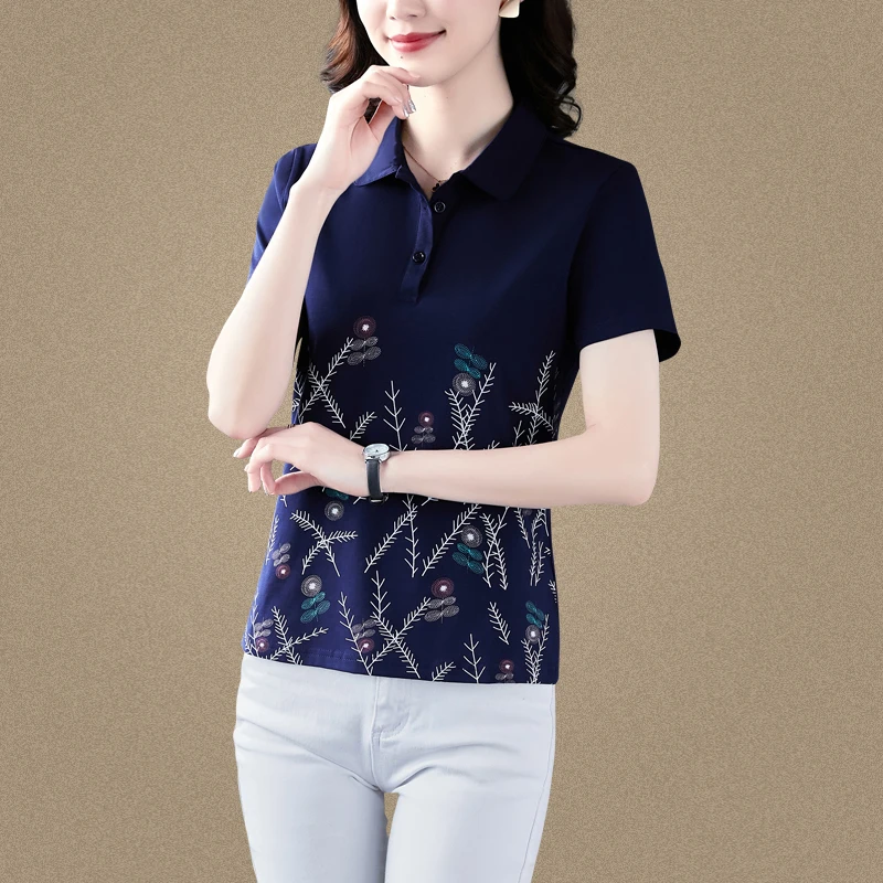 气质印花短袖202年新款修身大码POLO领中年妈妈运动翻领女夏