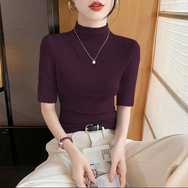 2025秋季新款百搭显瘦五分袖t恤女莫代尔半高领胖MM打底上衣潮