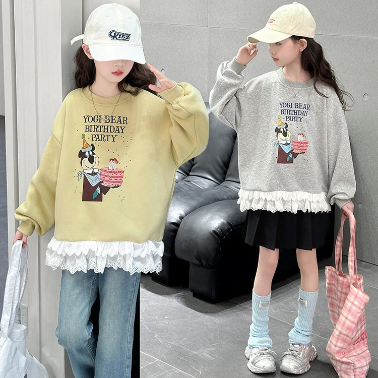 女童蕾丝拼接卫衣2025春装新款中大童连帽卡通上衣女孩花边打底衫
