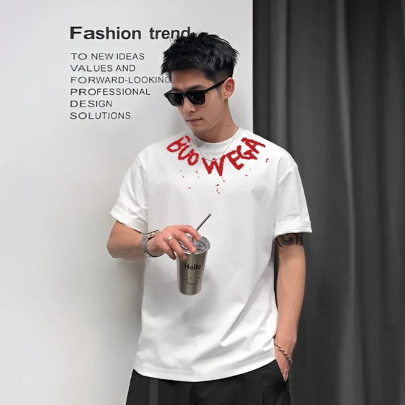 2025夏季刺绣半袖帅气T恤大码宽松型印花短袖字母潮流美式圆领ins
