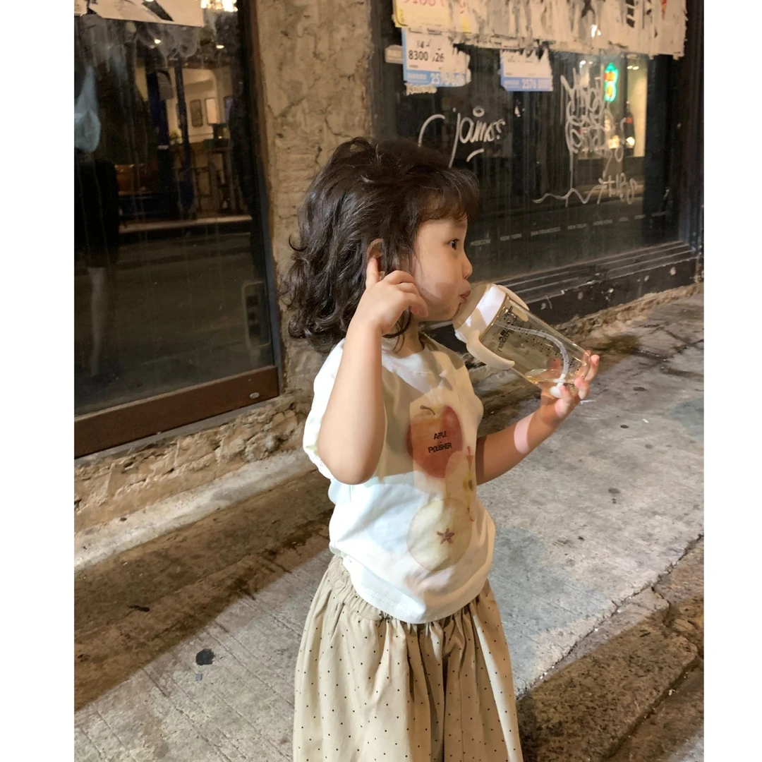 壹妈韩版童装女童夏季套装洋气儿童苹果印花t恤短袖上衣波点裤子