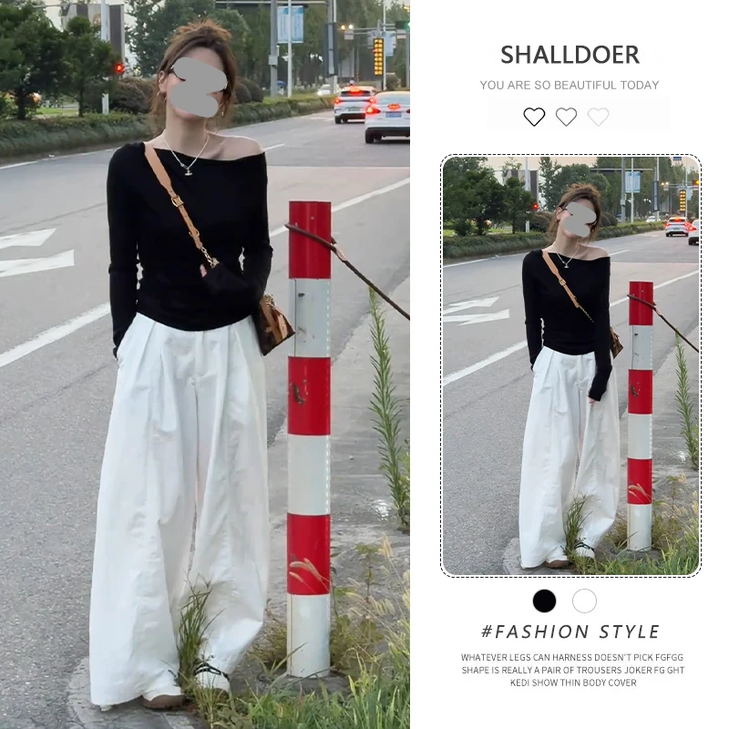 网红潮流时尚套装女2025春秋新款露肩打底衫长袖上衣阔腿裤两件套