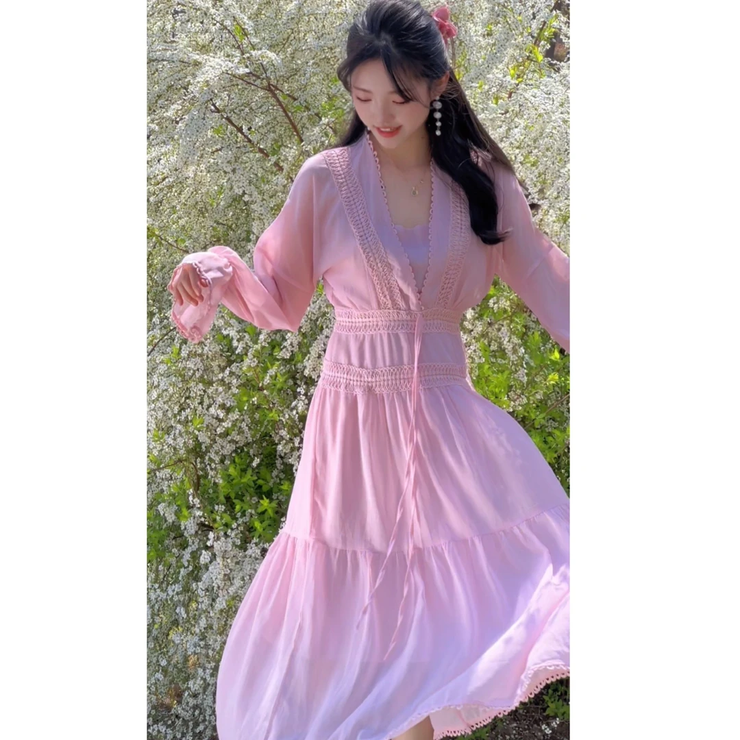 【粉黛佳人】法式温柔粉色长袖雪纺连衣裙女春夏度假