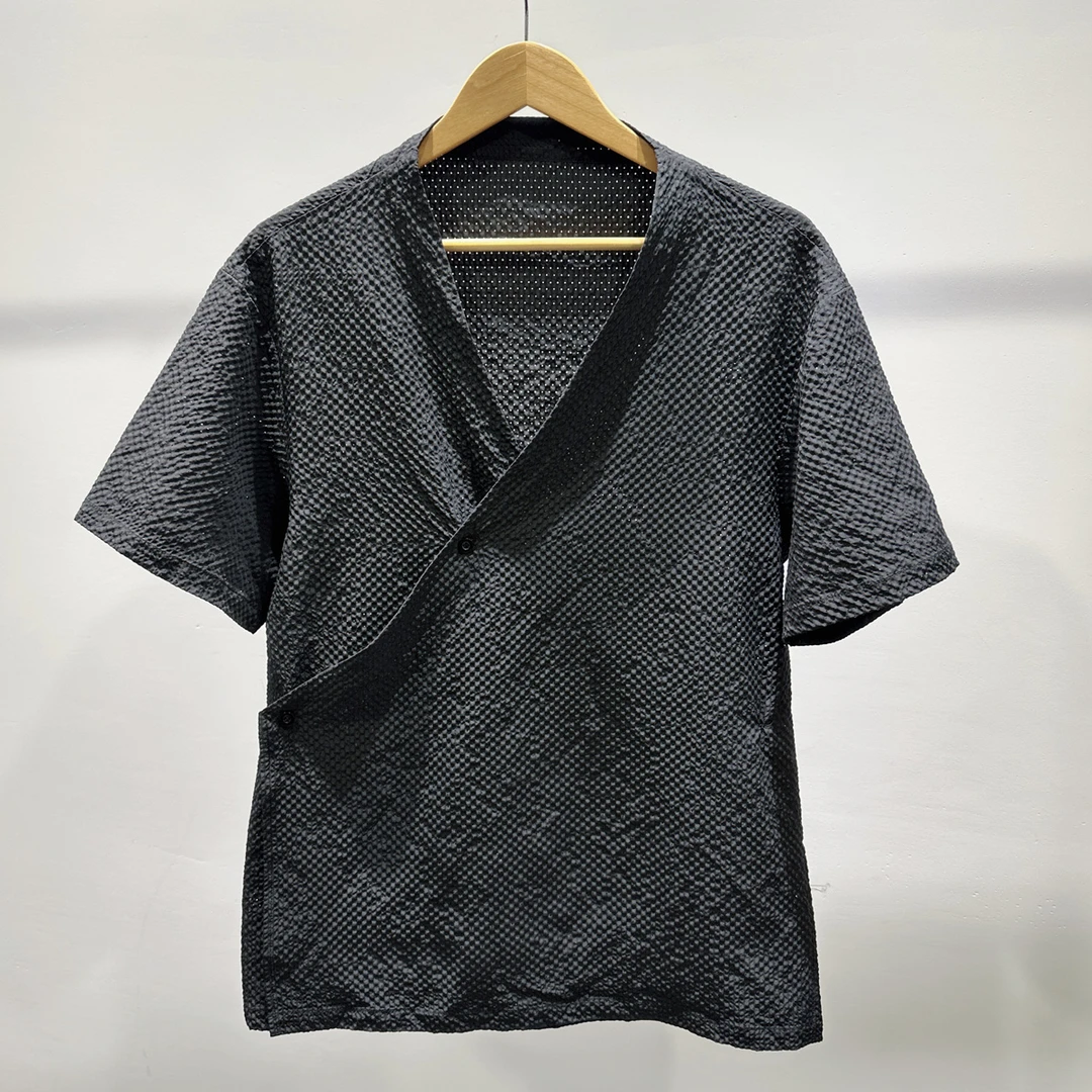 夏季简约时尚交叉V领T恤男士镂空透气舒适休闲INS潮流百搭上衣