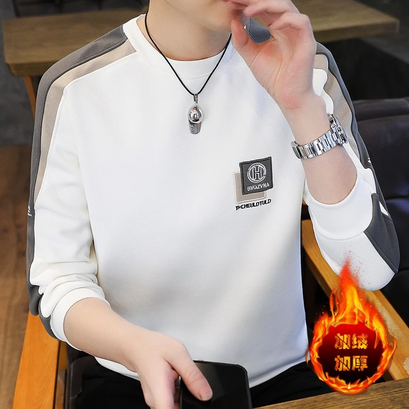 男士加绒加厚卫衣男潮流修身刺绣字母新款青年长袖T恤男打底衫