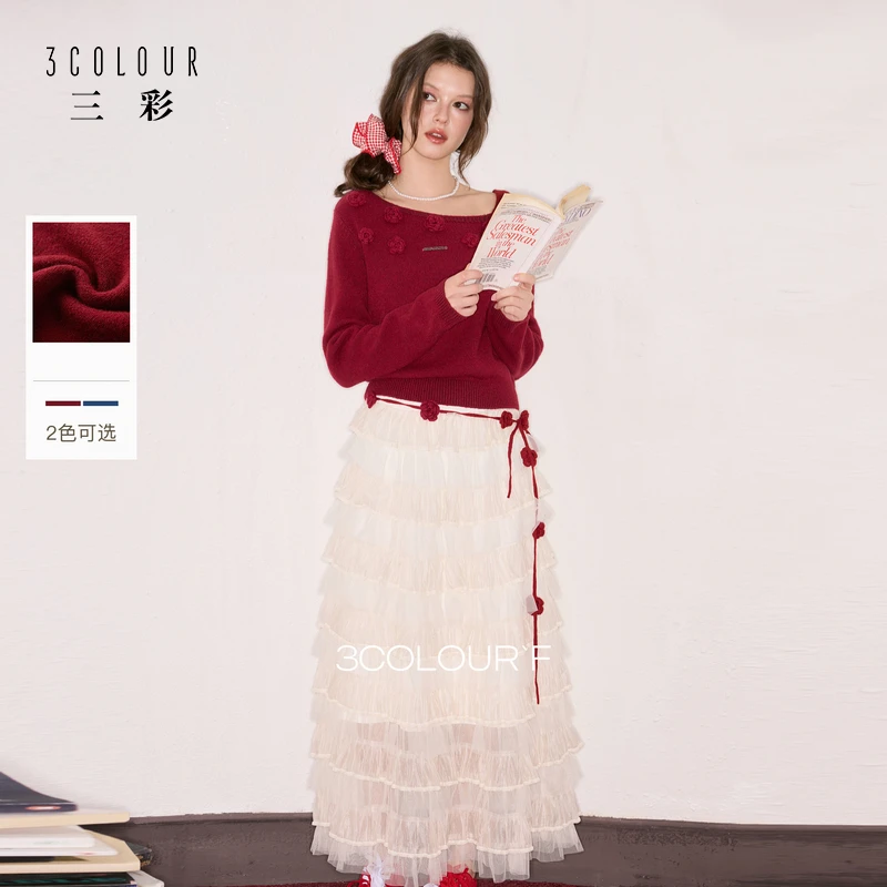 三彩独醒2025秋季新款甜美花朵针织衫毛衫套头斜肩短款小个子F