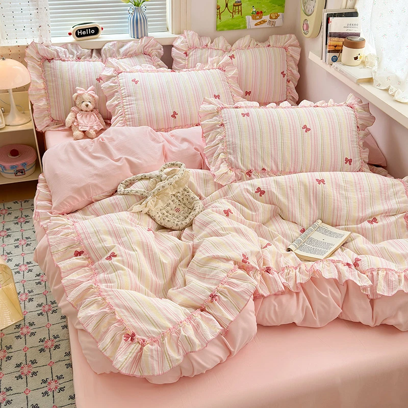 韩系公主风花边皱皱纱四件套学生宿舍三件套床单被套枕套少女