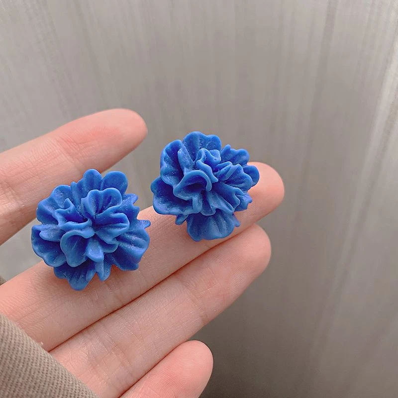 合金耳饰 耳钉港风复古氛围感克莱因蓝立体花朵百搭显白气质高级