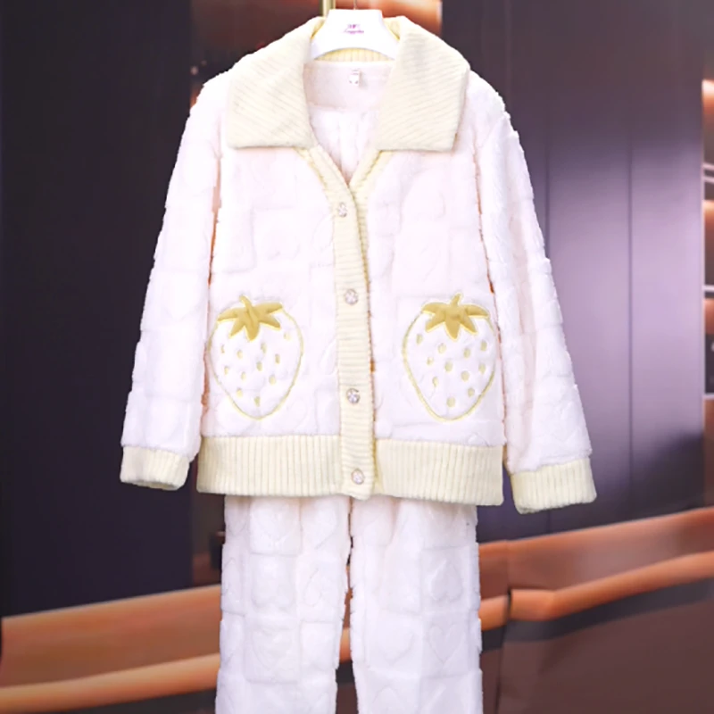 【专属】冬款套装睡衣女珊瑚绒开襟加厚加绒妈妈秋冬家居服冬季