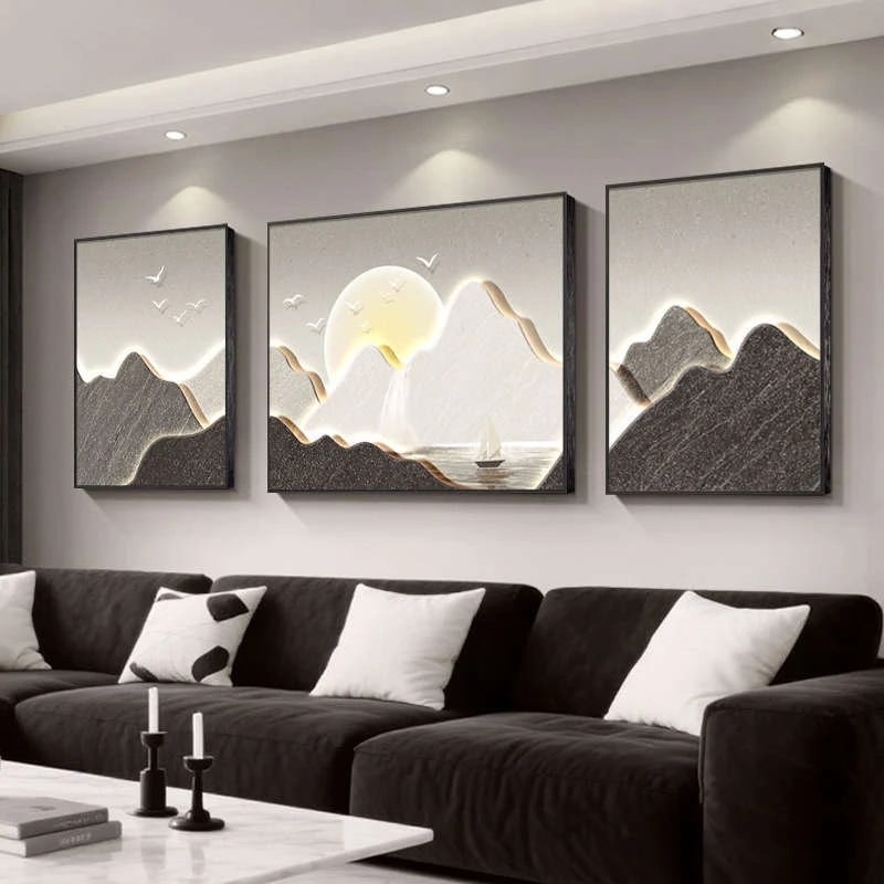 现代简约客厅装饰画背有靠山寓意好沙发背景墙面挂画砂岩山水壁画
