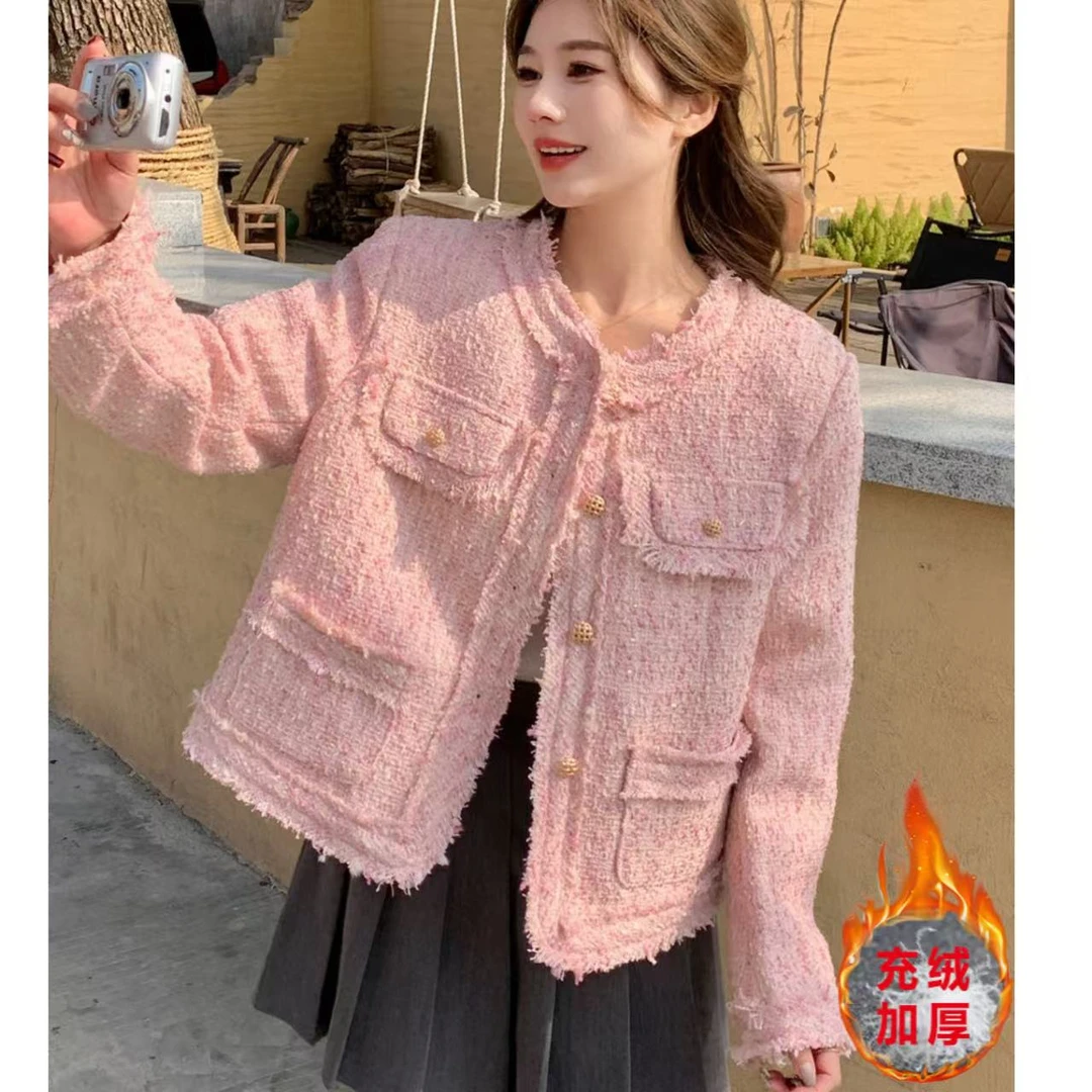 【现货+运费险】粉色充绒内胆小香风外套女名媛气质显瘦粗花呢P3388