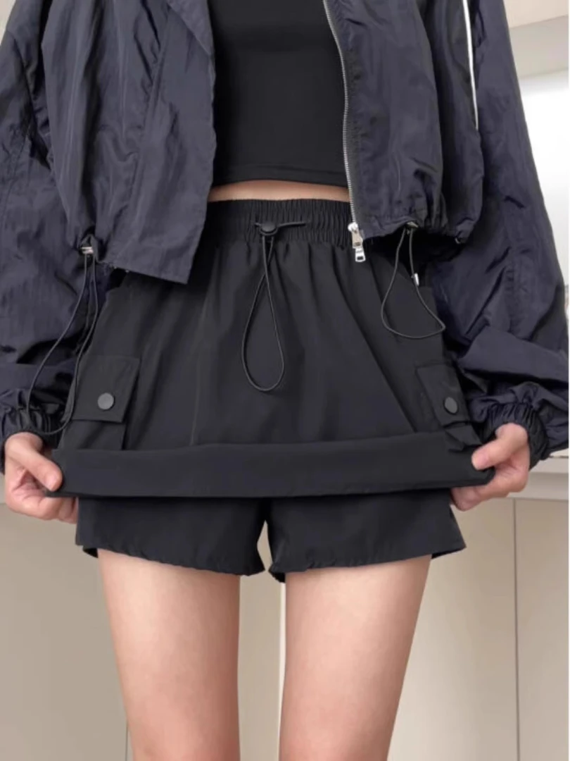 美式工装短裙女夏薄款大码裙裤胖mm高腰遮肚设计感抽绳a字半身裙