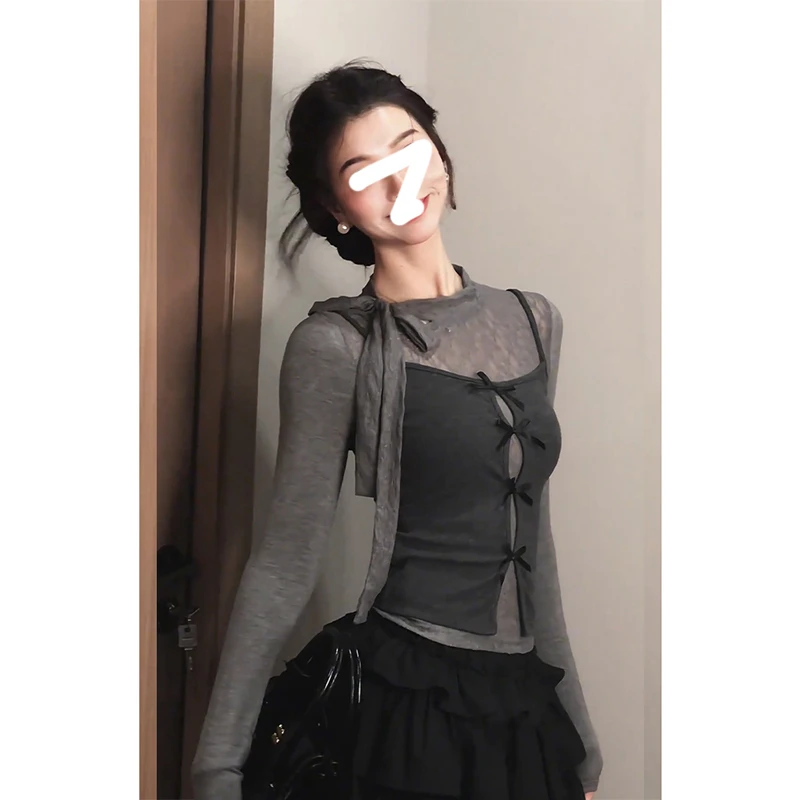 2025秋季新款纯欲辣妹蝴蝶结拼接镂空吊带背心长袖上衣两件套女装