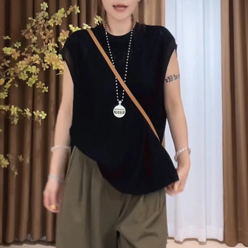 慵懒风时尚外穿无袖背心女2025夏季新款百搭宽松休闲蕾丝镂空上衣