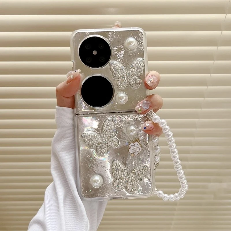 适用华为P50 pocket 2手机壳折叠屏高级感冰川纹立体蝴蝶女保护套