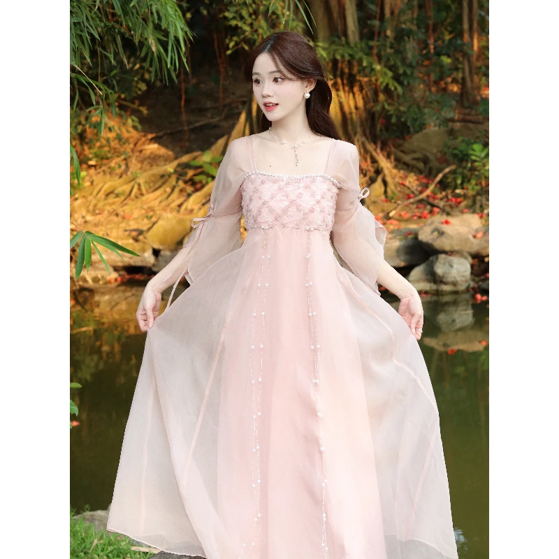 瑶西【沐花池】汉服连衣裙女气质新款小裙子度假风粉色长裙