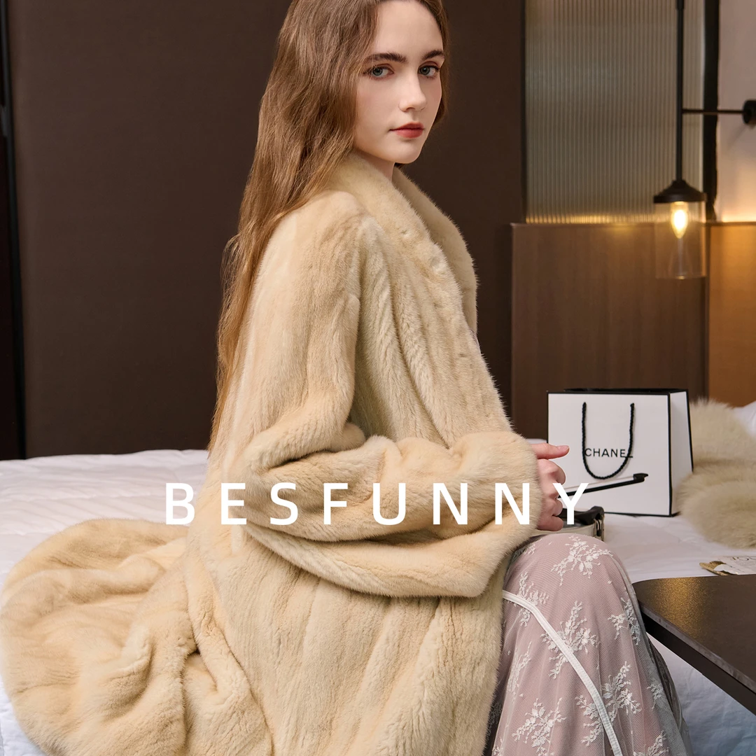 Besfunny露姐「星雾」米黄貂本色中长款全抽刀水貂貂皮大衣显白