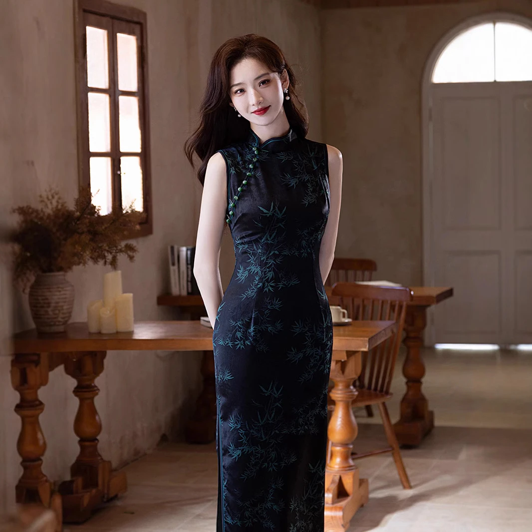气质显瘦淑女范黑色送考竹叶旗袍夏季新中式无袖日常可穿女夏季