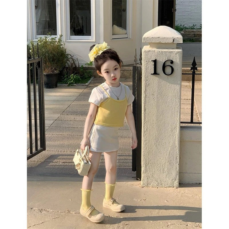 女童套装夏季新款韩版正肩短袖叠穿针织吊带气质A字裙三件套秋装